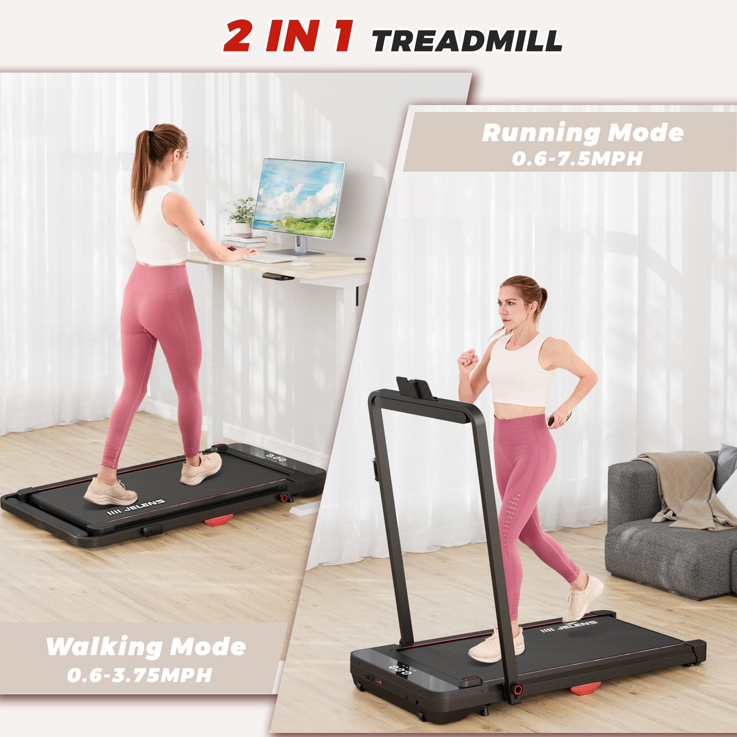 JELENS 2 in 1 Treadmill, Walking Pad, 2.5HP Folding Treadmill with Remote Control LED Display, Portable Treadmill for Home/Office with 265lbs Weight Capacity