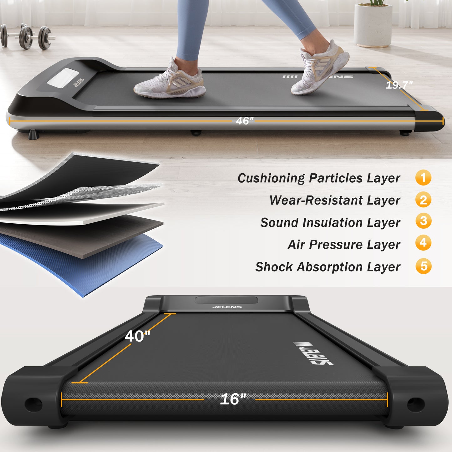JELENS Walking Pad 2 in 1 Treadmill for Walking and Jogging, Under Desk Treadmill for Home Office with Remote Control, 2.5HP Portable Walking Pad Treadmill, Desk Treadmill in LED Display