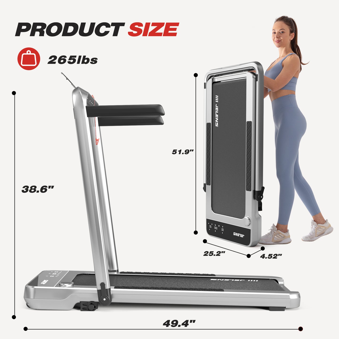 JELENS 2 in 1 Treadmill Under Desk Walking Pad 2.5HP Home Folding Treadmills with Incline and Gesture Sensing Control, Walking Machine for Office with Led Display