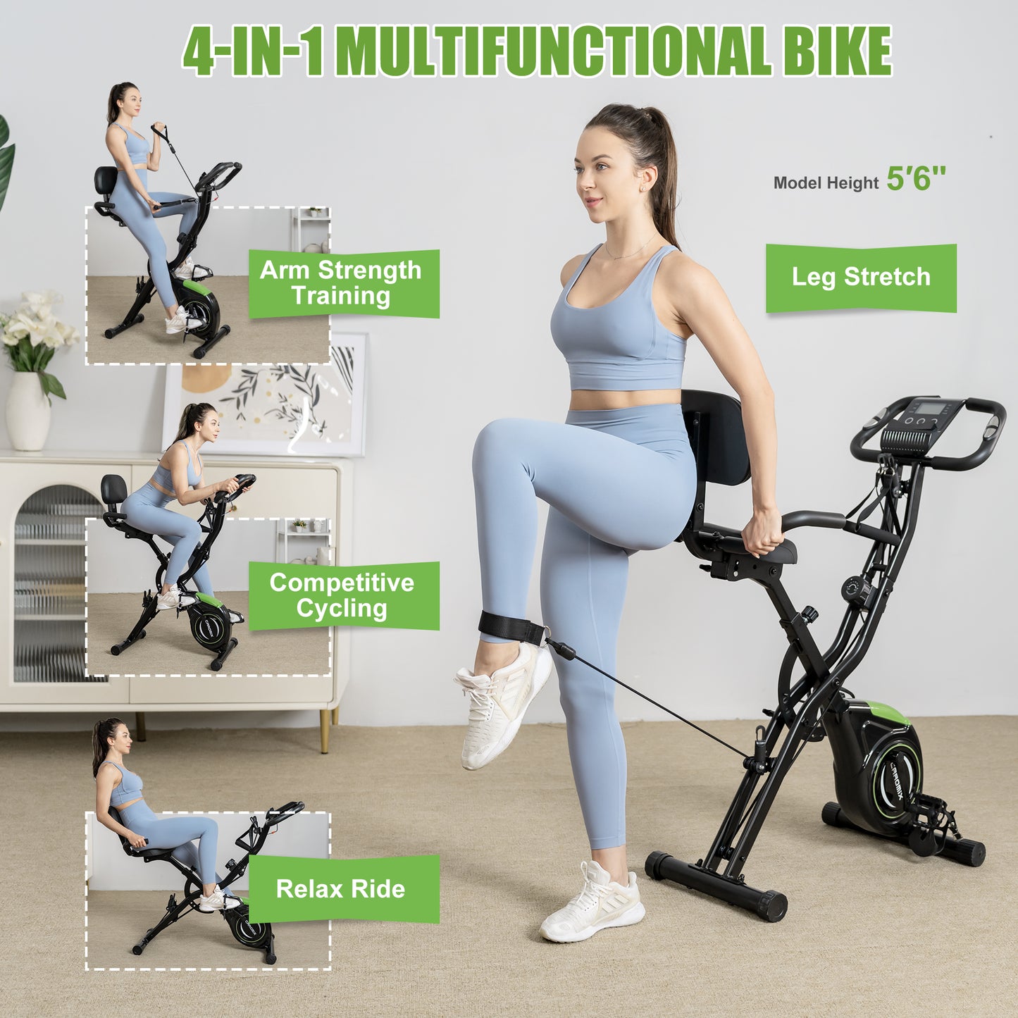Caromix Folding Exercise Bike, 4 in 1 Stationary Bike 16-Level Magnetic Resistance Cycling Bicycle Upright Indoor Cycling Bike for Home Workout 330LB Capacity