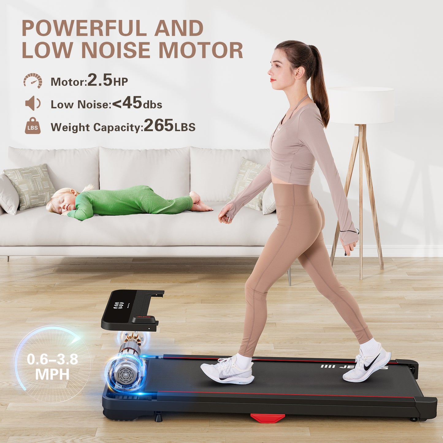 JELENS Walking Pad, Under Desk Treadmill, 2.5HP Portable Treadmills for Home/Office, Walking Jogging Machine with Remote Control, LED Display